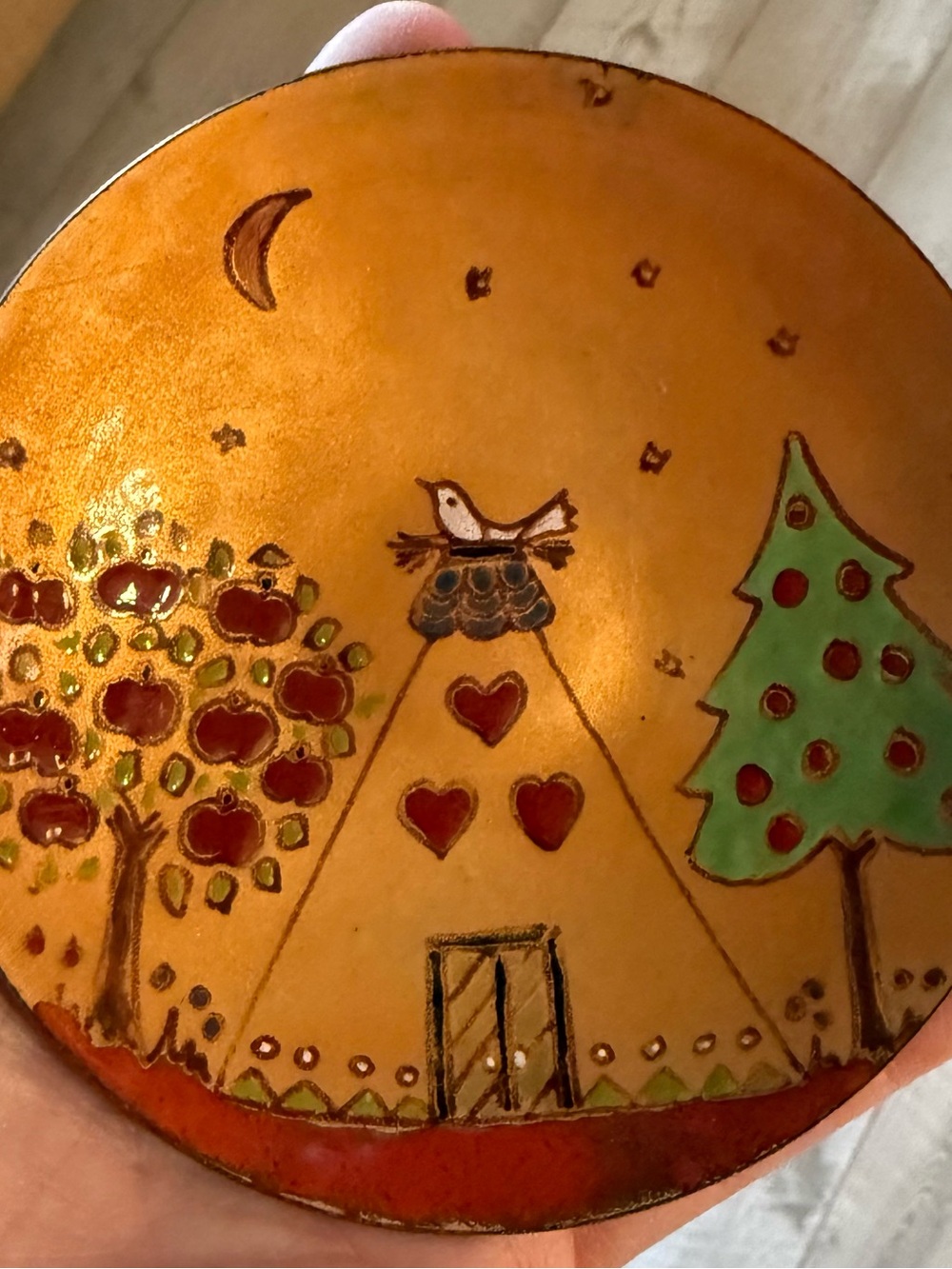 Susana Funes Copper Enamel Plate Teepee Tent Trees Bird Copper Green 5” Artist